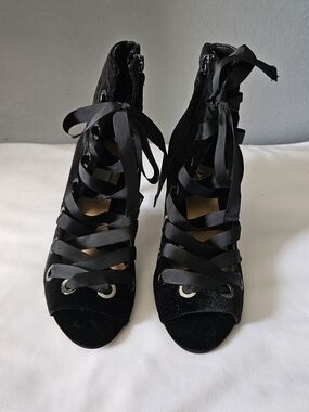 Daya By Zendaya Black Lace-Up Peep Toe Women's Heels